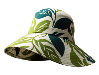 Stylish women's sun hat featuring a vibrant green and blue leaf pattern, perfect for summer outings., transparent png, cutout