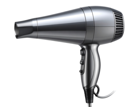 Realistic Modern Hairdryer with Concentrator Nozzle and Power Cord, Transparent Background