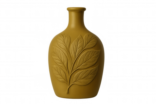 Mustard yellow ceramic vase featuring embossed leaves, isolated on transparent background, perfect for home decor and design projects - Powered by Adobe