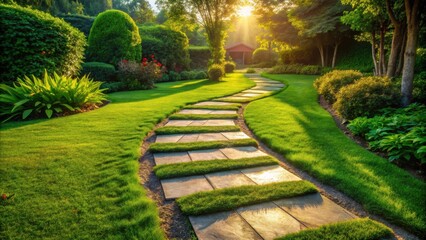 Fototapeta premium Serene Garden Path at Golden Hour A Meandering Stone Walkway Through Lush Greenery and Vibrant Blooms