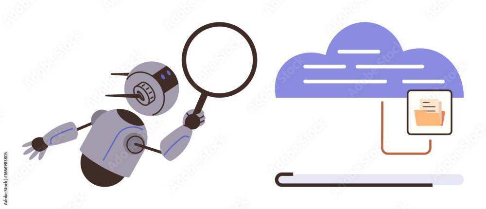 Poster robot holding magnifying glass examining cloud storage with connected digital file. ideal for techno