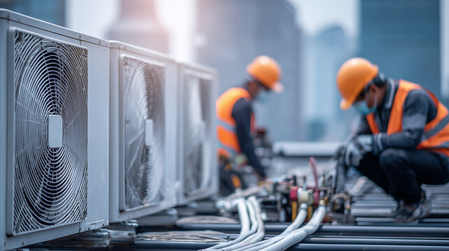 Technicians servicing rooftop HVAC units, conveying climate control reliability, preventive maintenance, and facility operations performance.
