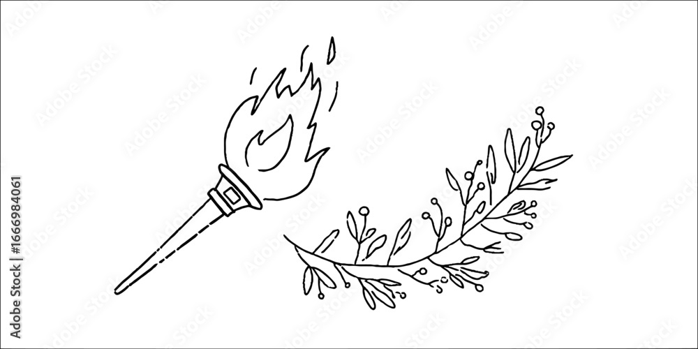 Poster hand drawn corner torch with flame and botanical curl design for creative projects