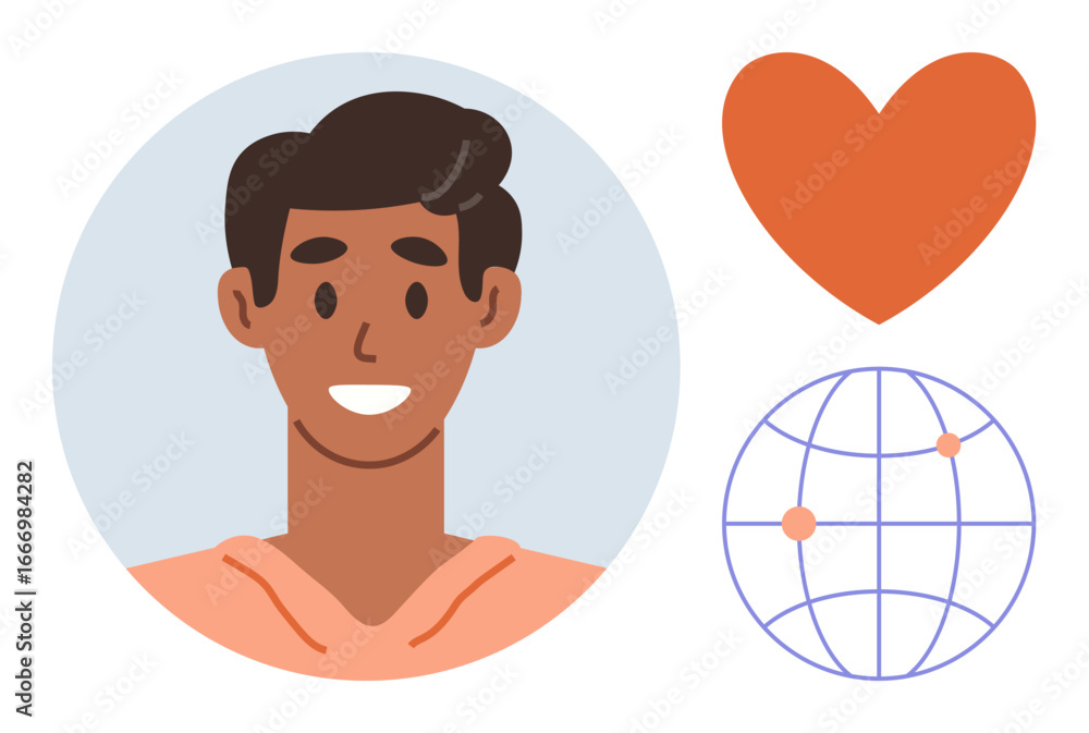 Aufkleber smiling individual in front of a circle, orange heart, and simple globe with two marked points. idea