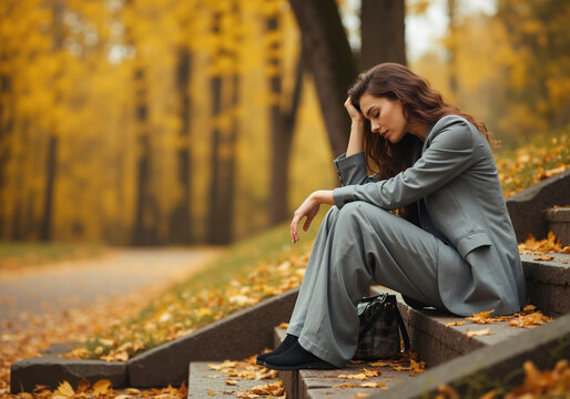 Thoughtful woman in gray coat sitting on steps with hand on forehead in autumn park with yellow leaves. Mental health awareness campaigns and depression support
