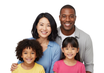 Smiling interracial family with two children in a studio portrait, representing love and unity