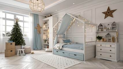 Photoreal Southern craftsman kids room in royal class design featuring north-facing daylight and soft white and frosty blue palette
