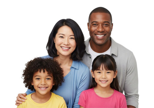 Smiling interracial family with two children in a studio portrait, representing love and unity - Powered by Adobe