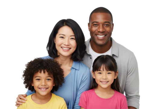 Smiling interracial family with two children in a studio portrait, representing love and unity