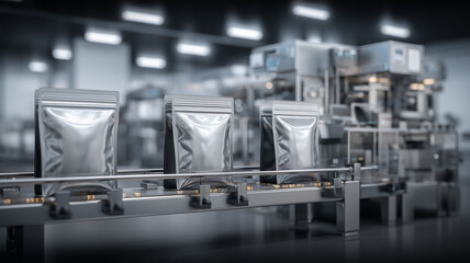 Automated packaging conveyor with stand up pouches showcasing efficient production and quality control, representing modern manufacturing, scalability, and reliability.
