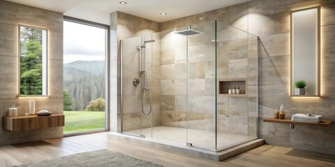 Modern frameless shower enclosure in a spa-like bathroom with natural light and wood accents