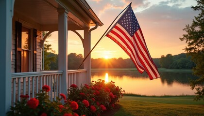 American flag waves proudly on suburban porch at sunset. Warm golden hour light reflects on water, illuminating serene landscape with red roses in foreground. Peaceful scene embodying American dream,
