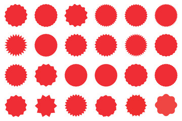 Red Badge Shapes Collection – Starburst Labels and Discount Sticker Icons. Set of red starburst. Price sticker, sale sticker, price tag, starburst, quality mark, retro stars, sale.