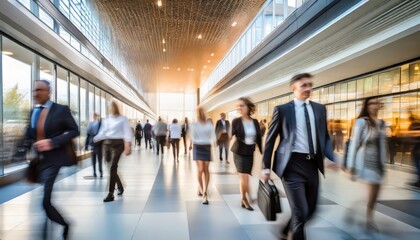 A busy corporate hallway with professionals walking, captured with a motion blur effect under a modern, well-lit ceiling