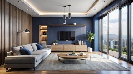 Modern living room interior design with wooden wall accents and a large window showcasing a scenic view