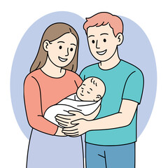Obraz premium A young Caucasian couple holds a newborn baby wrapped in a blanket. The woman has long brown hair and wears a red top. The man has short blond hair and wears a teal shirt.