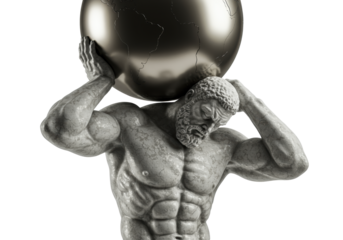 Robust male marble statue bearing a stylized metallic globe with determination, transparent studio background with soft light, concept of global responsibility