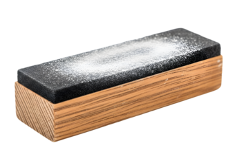 Sharpening stone with wooden base and powder for sharpening blades and knives