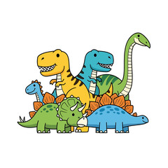 Obraz premium Adorable Cartoon Dinosaurs Group - T-Rex, Triceratops, Stegosaurus, and Brachiosaurus.