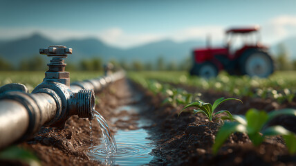 Irrigation pipeline delivering water to young crops in a field, illustrating sustainable agriculture and efficient resource management for food security.
