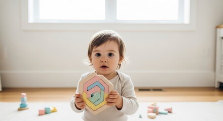 Baby holding colorful wooden stacking toy