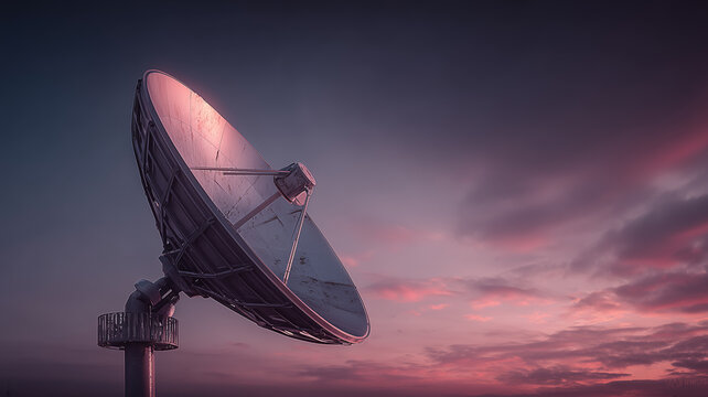Large satellite dish aimed at the sky illustrating global communications data exchange and the reach of modern network technology.
