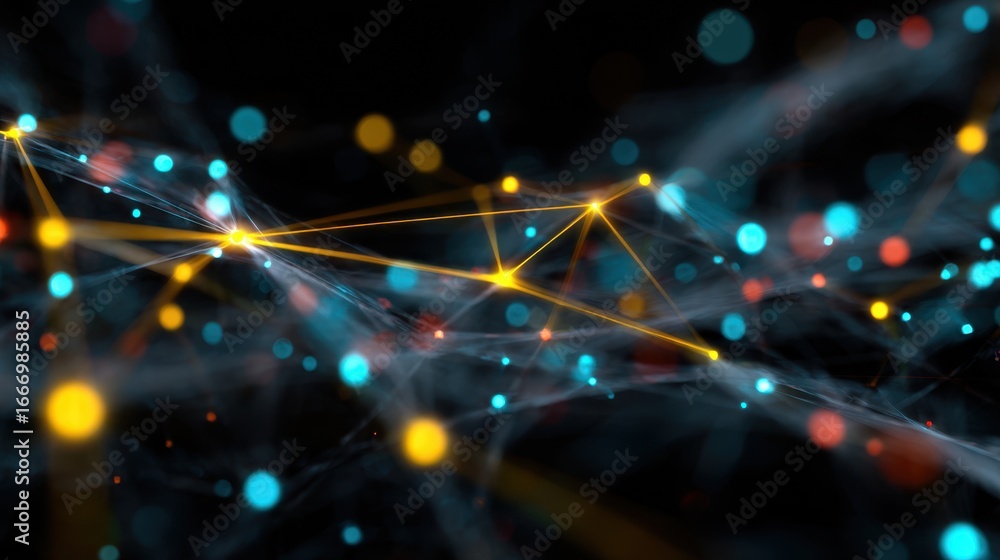 Poster medium frame of vivid intersecting network paths with a bright core node in focus contrasted by a so
