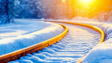 Snow covered train tracks curve through a winter forest under warm sunlight