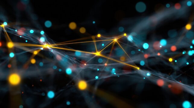 Medium frame of vivid intersecting network paths with a bright core node in focus contrasted by a soft blur that evokes the vastness of global interconnectivity.