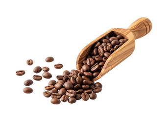 Obraz premium Rich dark roasted coffee beans poured from a wooden scoop across a deep onyx surface transparent background