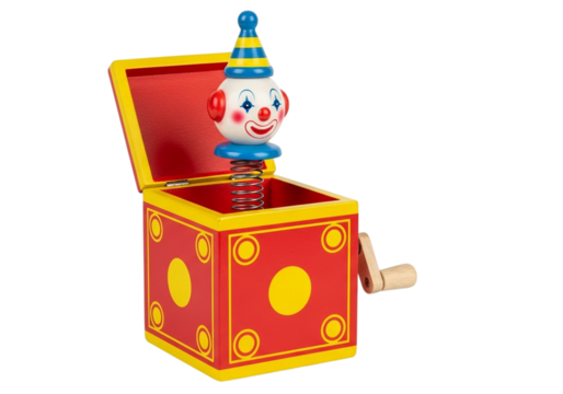 Vintage jack in the box toy surprise pop up clown character with colorful box and handle transparent background