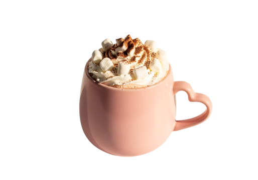A charming, pink ceramic mug filled with steaming hot chocolate, topped with whipped cream, marshmallows, and a sprinkle of cocoa.