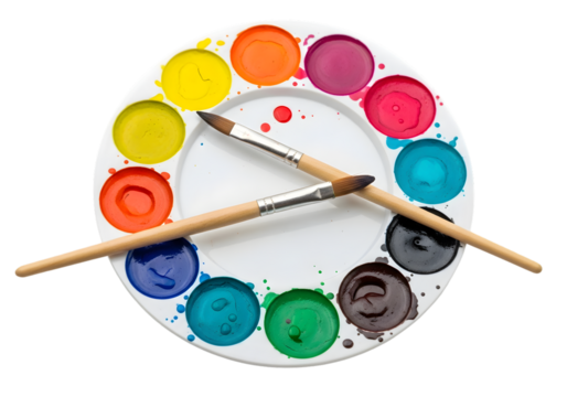 A colorful palette of watercolor paints with two brushes, perfect for artistic creation and hobbies