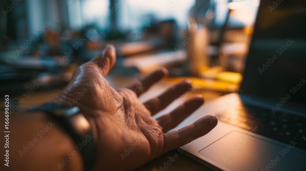 Poster medium shot showing a hand powering off a laptop with the rest of a cluttered desk softly out of foc