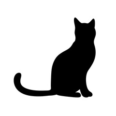 Black cat silhouette sitting gracefully on a white background for decoration