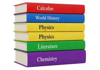 Stack of colorful textbooks on a white background, featuring Calculus, World History, Physics, Literature, and Chemistry