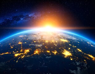 Obraz premium Earth sunrise with space view, and galaxy.