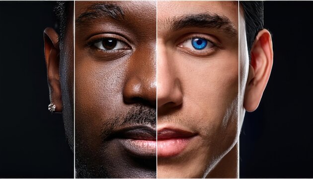 A composite closeup of faces divided between two individuals