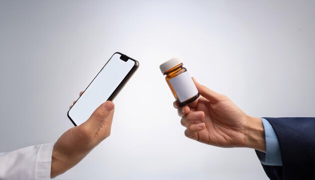 Hands exchanging a medicine bottle and a smartphone in a neutral background