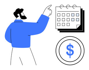 A man points at a calendar with marked days and a large dollar icon, symbolizing scheduling, budgeting, investment, and financial forecasting. Ideal for business strategy, project management
