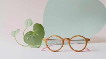 Minimalist Wooden Round Glasses with Greenery on Soft Pastel Background