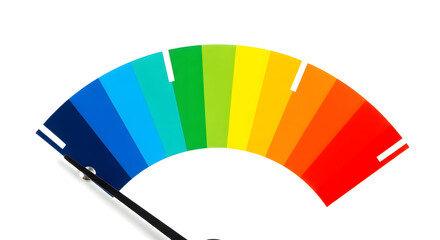 Gauge Chart: Close-up of a gauge chart with a needle and a colored scale, no numbers, on a pure white background. HD, high quality, photorealistic.