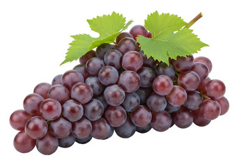 Fototapeta premium A cluster of plump, purplish-red grapes with vibrant green leaves, displayed against a stark black background.