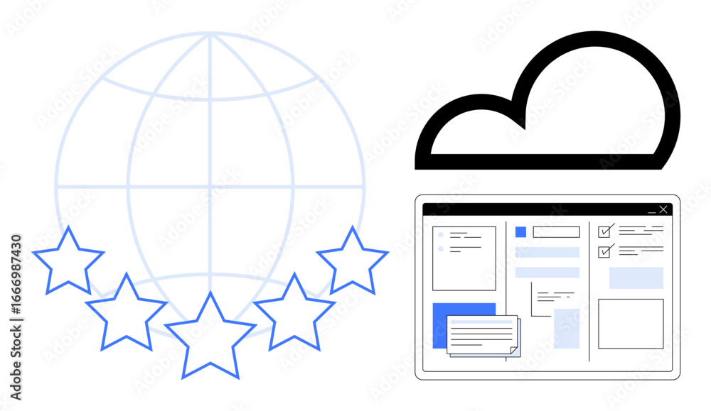 Poster globe with stars symbolizing global reach, cloud icon, and screen with digital ui elements. ideal fo