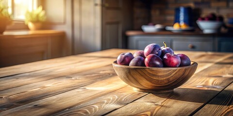 Sunlit Rustic Kitchen Table with Bowl of Plums