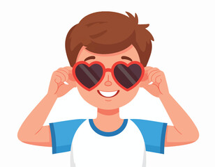 Obraz premium Cartoon boy smiling and wearing heart-shaped sunglasses, holding the frames with his hands.