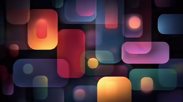 Abstract geometric shapes of overlapping, translucent rectangles and ovals in vibrant, overlapping hues of pink, red, orange, yellow, and teal, set against a dark backdrop
