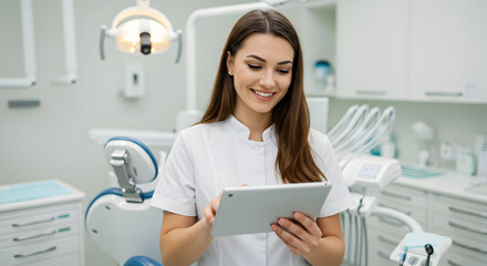 Smiling female dentist using tablet in modern dental clinic office healthcare technology medical professional dental care appointment scheduling digital patient management efficient workflow