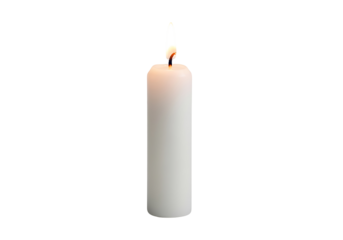 A single, cylindrical, white candle with a flickering flame stands against a black background.