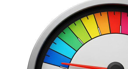 Obraz premium Gauge Chart: Close-up of a gauge chart with a needle and a colored scale, no numbers, on a pure white background. HD, high quality, photorealistic.